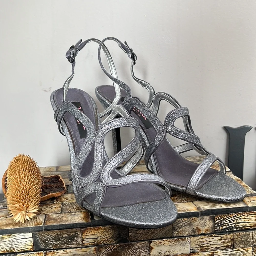 NINA Pewter Glitter Strappy Sling Back Dress Sandals - Size 7 - Picture 10 of 13